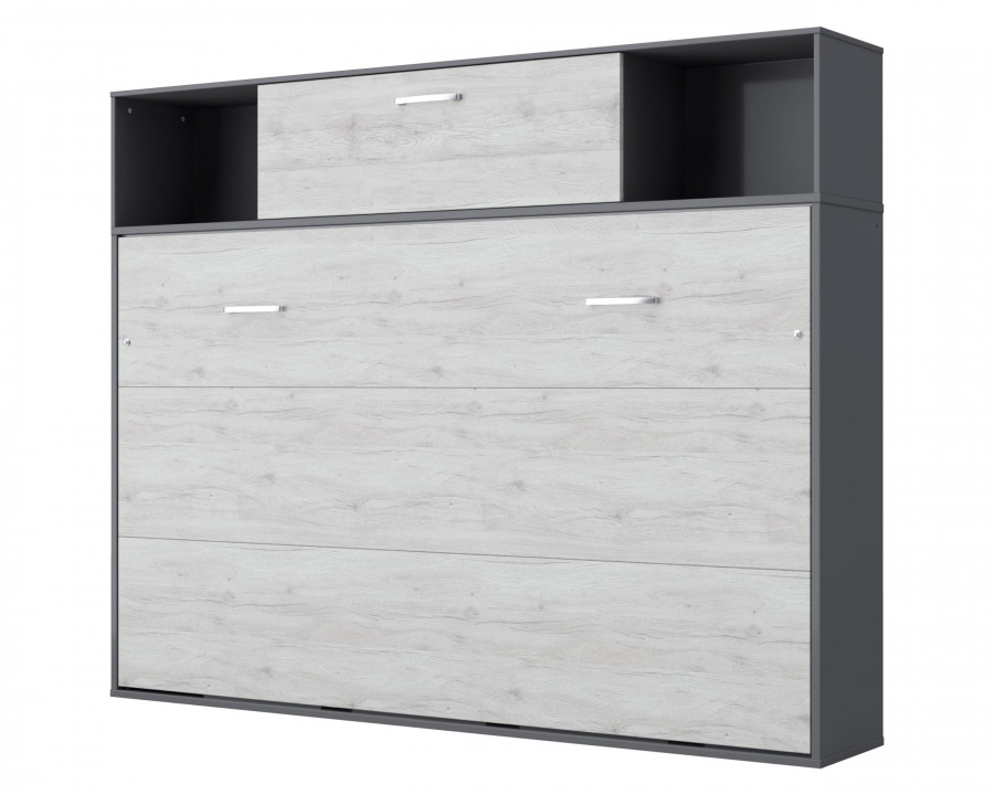 Maxima Inverto Murphy Horizontal Wall Bed with Cabinet and Open Storage on Top - White/Gray, Twin Size