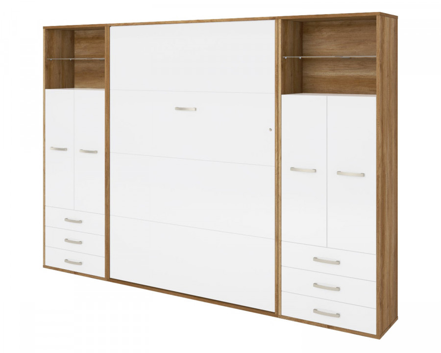 Maxima Inverto Murphy Vertical Wall Bed with 2 Cabinets - Oak Country/White, Twin Size