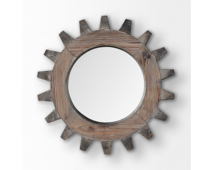 Mercana Cog Round 17" Mirror with Wood Frame - Brown