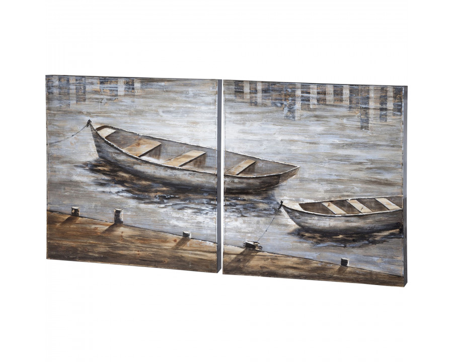 Mercana - Creekside Diptych 80x40 Boats Original Hand Painted on Wood Oil Painting