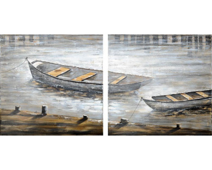 Mercana - Creekside Diptych 80x40 Boats Original Hand Painted on Wood Oil Painting