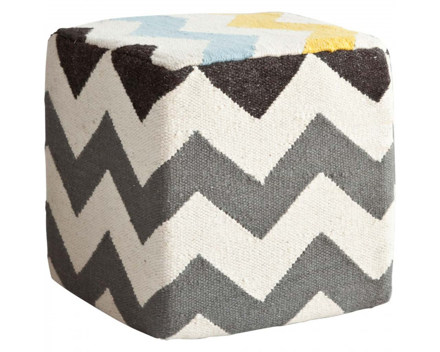 Mercana - Alliaria XI Ivory/Charcoal Wool Zig-Zag Pattern Sqaure Pouf