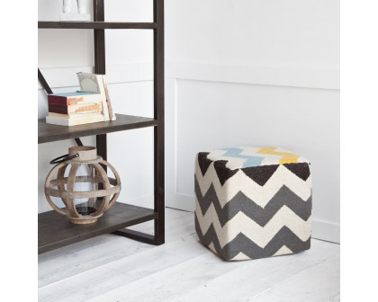 Mercana - Alliaria XI Ivory/Charcoal Wool Zig-Zag Pattern Sqaure Pouf