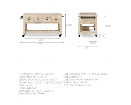 Mercana Columbia Rolling Kitchen Island with Black Iron Knobs - Light Brown