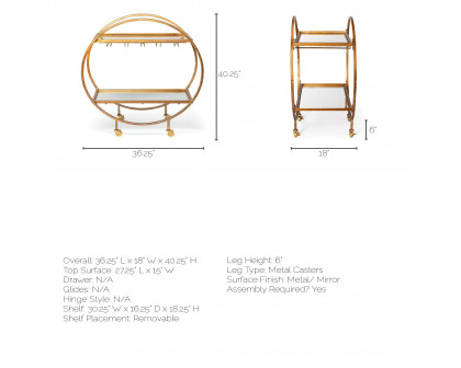 Mercana - Carola 2 Tier Bar Cart with Stemware Holder in Gold