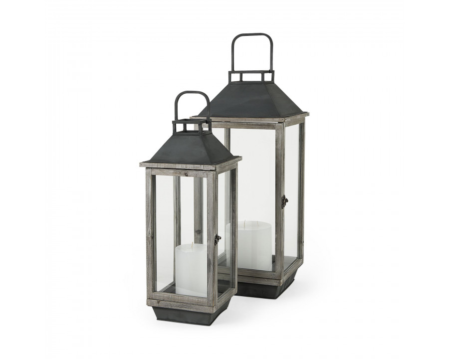 Mercana - Keyrock Brown Wood Metal Candle Holder Lanterns (Set of 2)