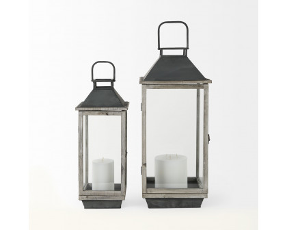 Mercana - Keyrock Brown Wood Metal Candle Holder Lanterns (Set of 2)