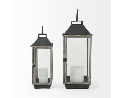 Mercana - Keyrock Brown Wood Metal Candle Holder Lanterns (Set of 2)