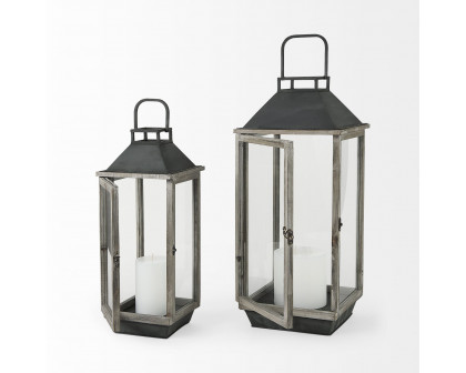 Mercana - Keyrock Brown Wood Metal Candle Holder Lanterns (Set of 2)