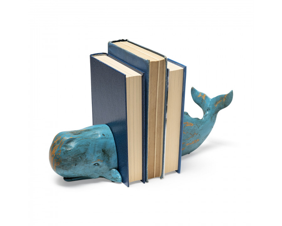 Mercana - Langdon 10L x 5W Blue Polyresin Whale Bookends (Set of 2)