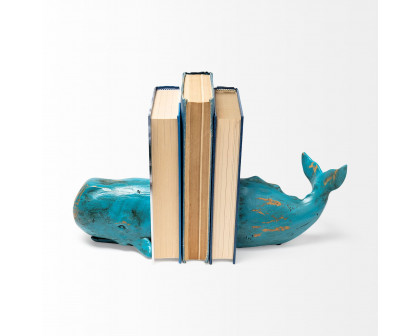 Mercana - Langdon 10L x 5W Blue Polyresin Whale Bookends (Set of 2)