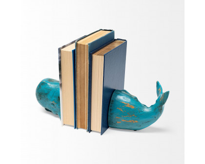 Mercana - Langdon 10L x 5W Blue Polyresin Whale Bookends (Set of 2)