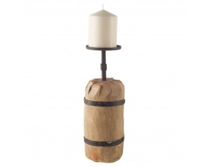 Mercana - Edgeland I Short Brown Wood Metal Strap Candle Holder