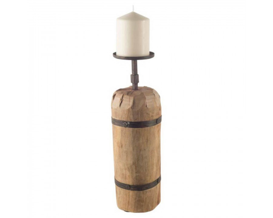 Mercana - Edgeland I Short Brown Wood Metal Strap Candle Holder