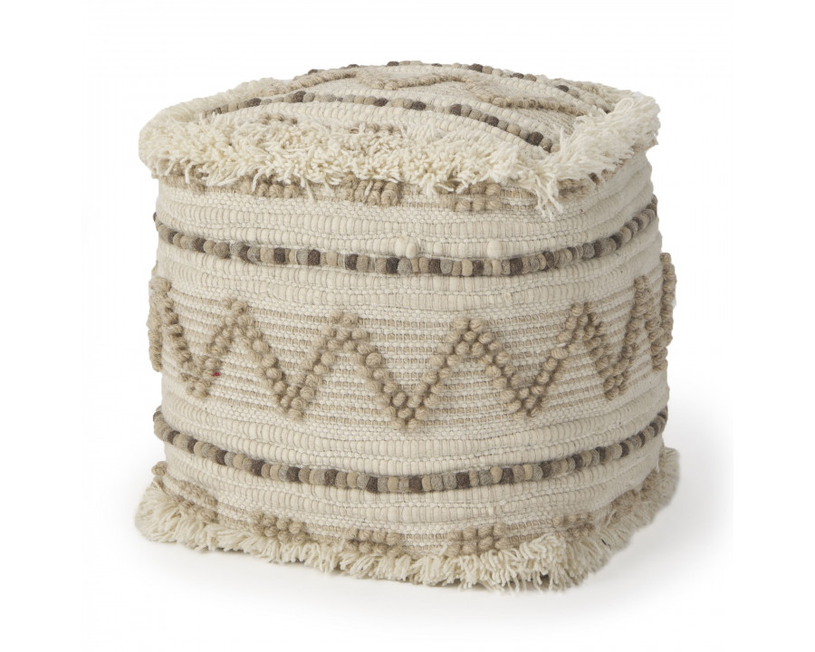 Mercana - Caela Beige/Brown Wool, Cotton and Felt Popcorn Stitch Square Pouf