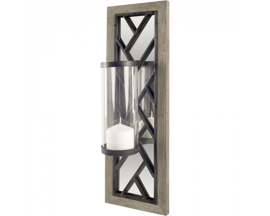 Mercana - Benji 24"H Brown Wood Frame Black Metal Accent Mirrored Wall Candle Holder