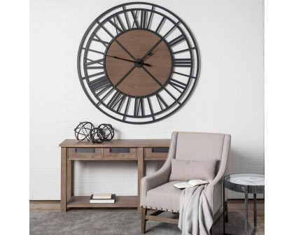 Mercana Lewiston 59" Round Industrial Wall Clock - Black/Brown