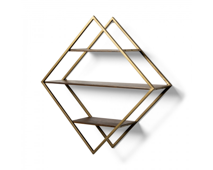 Mercana - Neil I Diamond Shape Wall Mounted Brass Frame w Three Wood Wall Shelves