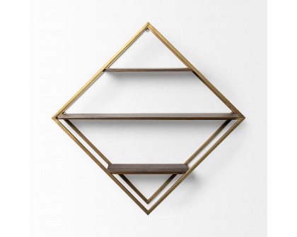 Mercana - Neil I Diamond Shape Wall Mounted Brass Frame w Three Wood Wall Shelves