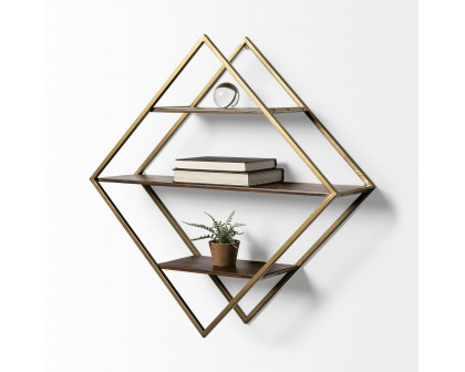 Mercana - Neil I Diamond Shape Wall Mounted Brass Frame w Three Wood Wall Shelves