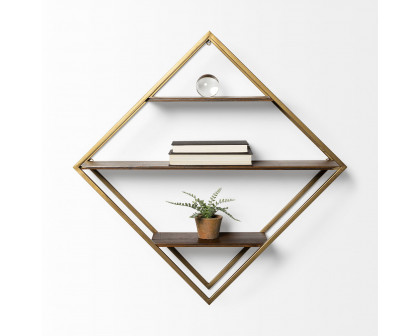 Mercana - Neil I Diamond Shape Wall Mounted Brass Frame w Three Wood Wall Shelves