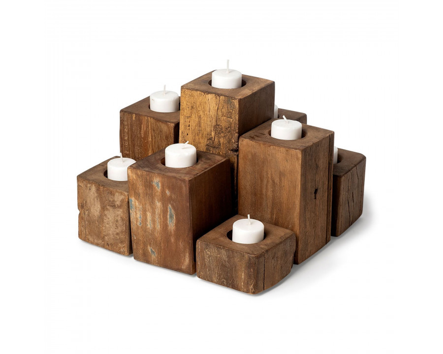 Mercana - Cassius Light Brown Nine Wood Block Table Candle Holder