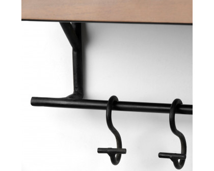 Mercana Schutt 36L Wall Mounted Wooden Shelf with 8 Hooks for Coats, Hats - Brown