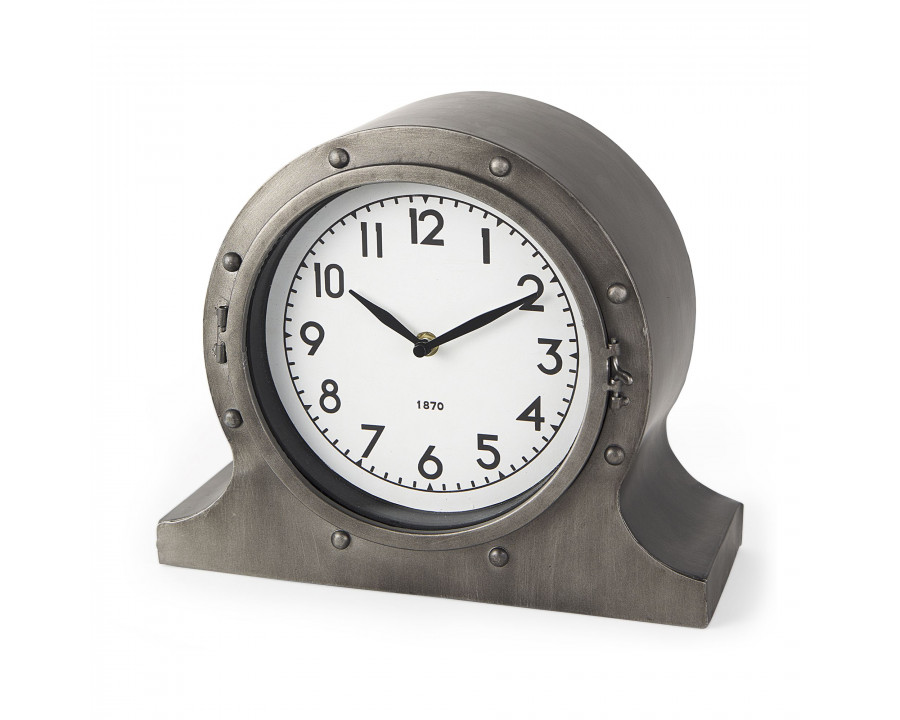 Mercana - Camden Gray Distressed Metal Porthole Table Clock