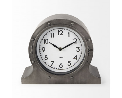 Mercana - Camden Gray Distressed Metal Porthole Table Clock