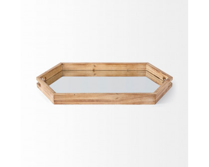 Mercana - Durden 29L x 16W Natural Wood Mirrored Hexagonal Tray