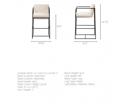 Mercana Stamford 40" Counter Stool with Wood Back, Metal Frame - Beige