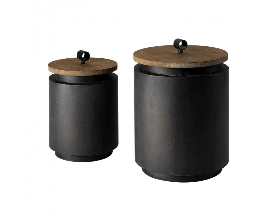 Mercana - Cyril Gray Metal with Brown Wood Lids Jars (Set of 2)