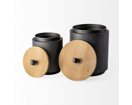 Mercana - Cyril Gray Metal with Brown Wood Lids Jars (Set of 2)