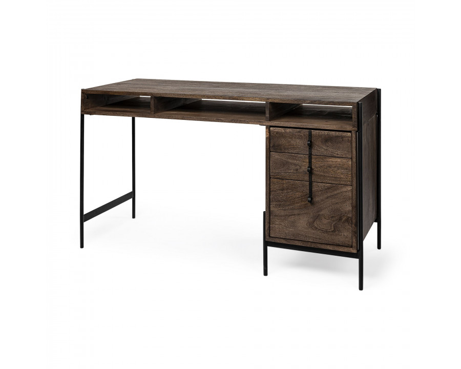 Mercana - Glenn VII Dark Brown Wood w/ Black Iron Frame/3 Drawer Office Desk