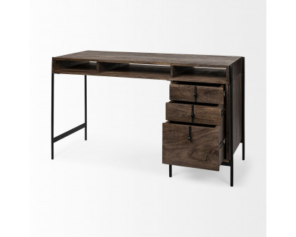 Mercana - Glenn VII Dark Brown Wood w/ Black Iron Frame/3 Drawer Office Desk