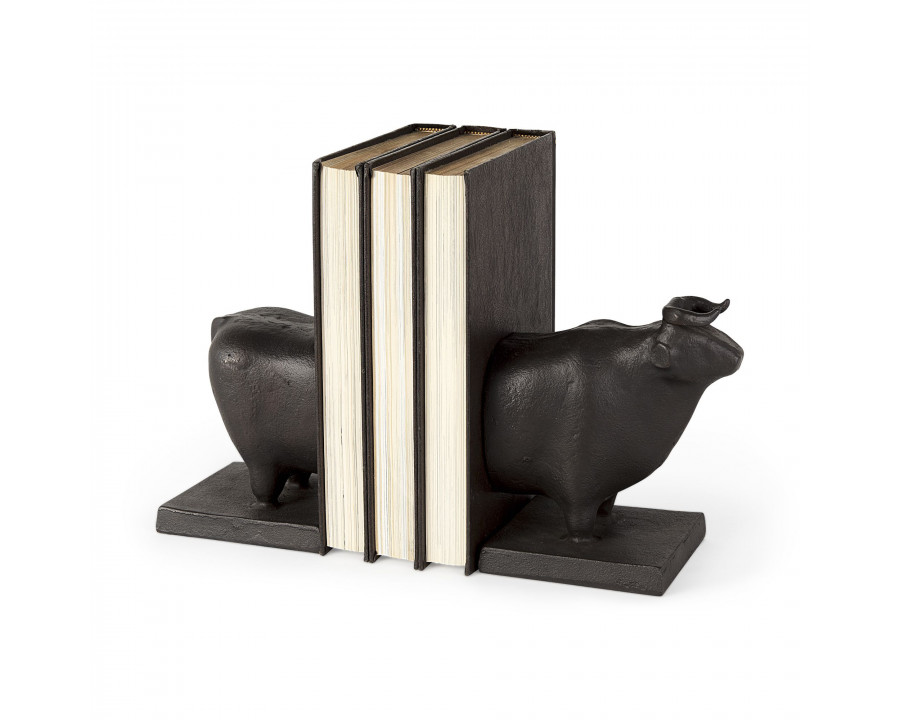 Mercana - Taurus III 9L x 4W Black Cast Aluminum Bull Bookends (Set of 2)