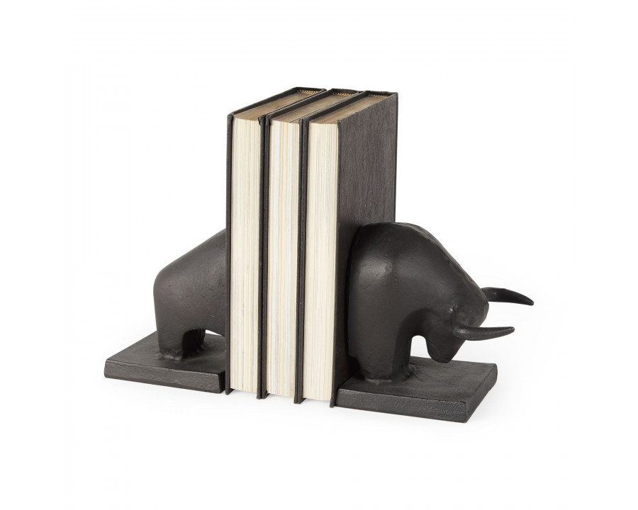 Mercana - Tauro III 10L x 5W Black Cast Aluminum Raging Bull Bookends (Set of 2)