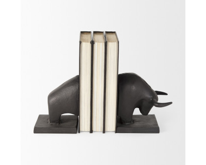 Mercana - Tauro III 10L x 5W Black Cast Aluminum Raging Bull Bookends (Set of 2)