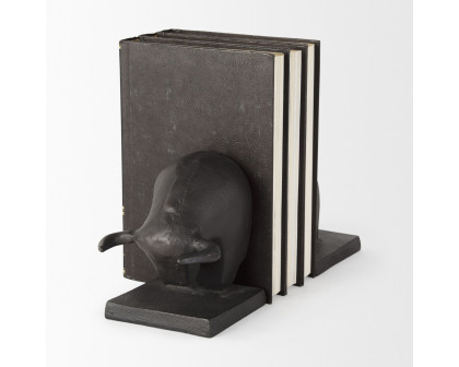 Mercana - Tauro III 10L x 5W Black Cast Aluminum Raging Bull Bookends (Set of 2)