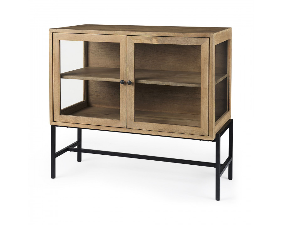 Mercana Arelius Wood Black Metal Base with 2 Glass Doors Accent Cabinet - Light Brown