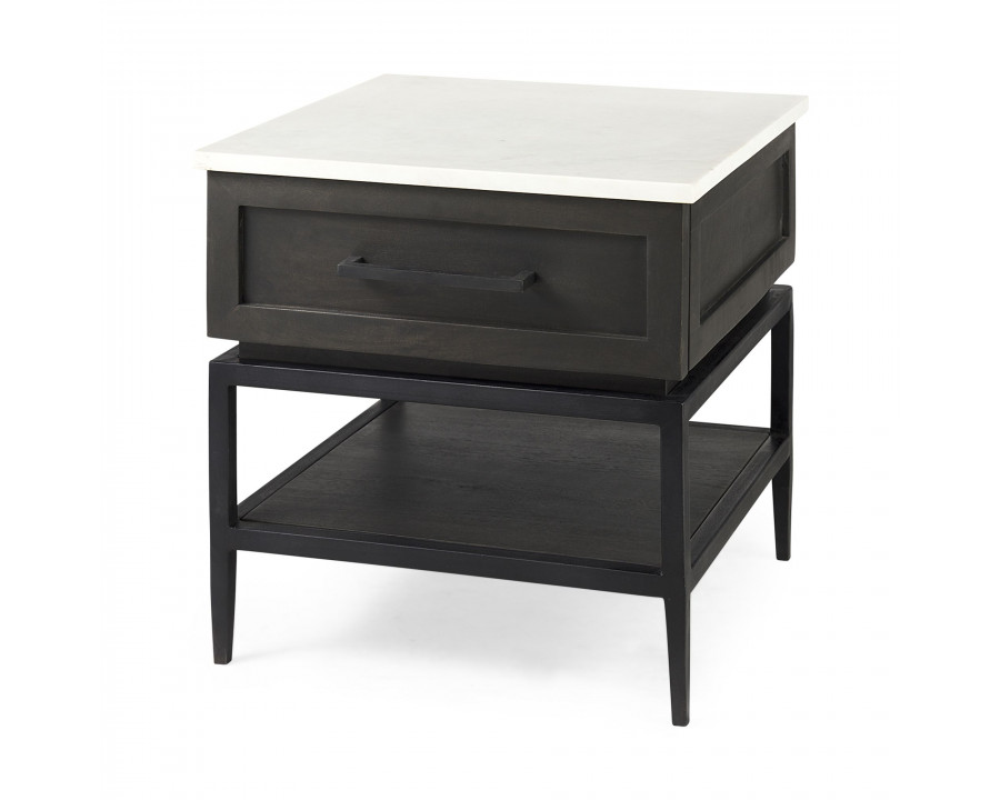 Mercana - Divina Black-Brown Wood with White Marble Top and Black Metal Base Side Table