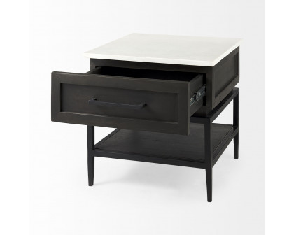 Mercana - Divina Black-Brown Wood with White Marble Top and Black Metal Base Side Table