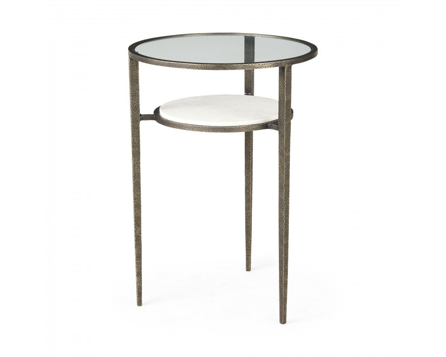 Mercana - Felicity Glass Top with White Marble Shelf and Antique Gold Base End/Side Table