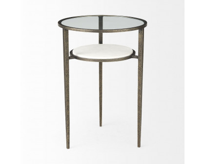 Mercana - Felicity Glass Top with White Marble Shelf and Antique Gold Base End/Side Table