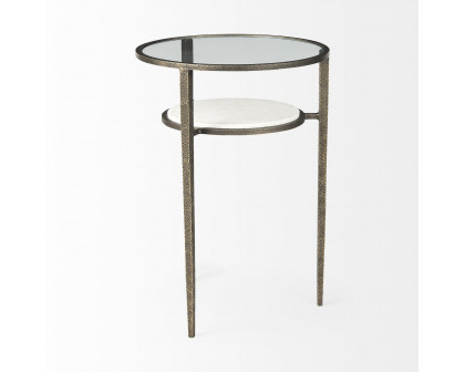 Mercana - Felicity Glass Top with White Marble Shelf and Antique Gold Base End/Side Table