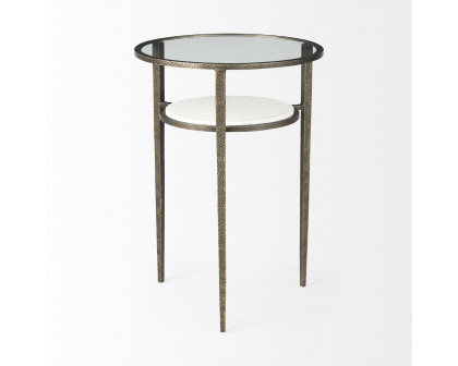 Mercana - Felicity Glass Top with White Marble Shelf and Antique Gold Base End/Side Table