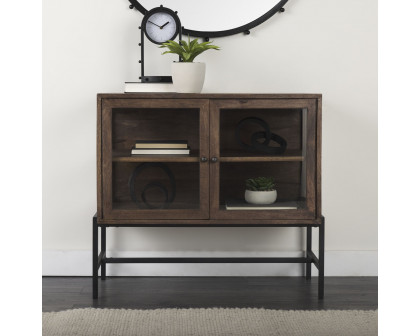 Mercana Arelius Medium Wood Black Metal Base with 2 Glass Doors Accent Cabinet - Brown