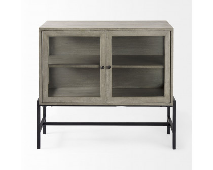 Mercana Arelius Wood Black Metal Base with 2 Glass Doors Accent Cabinet - Gray