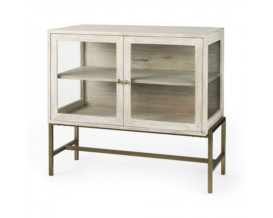 Mercana Arelius Wood Gold Metal Base with 2 Glass Doors Accent Cabinet - White