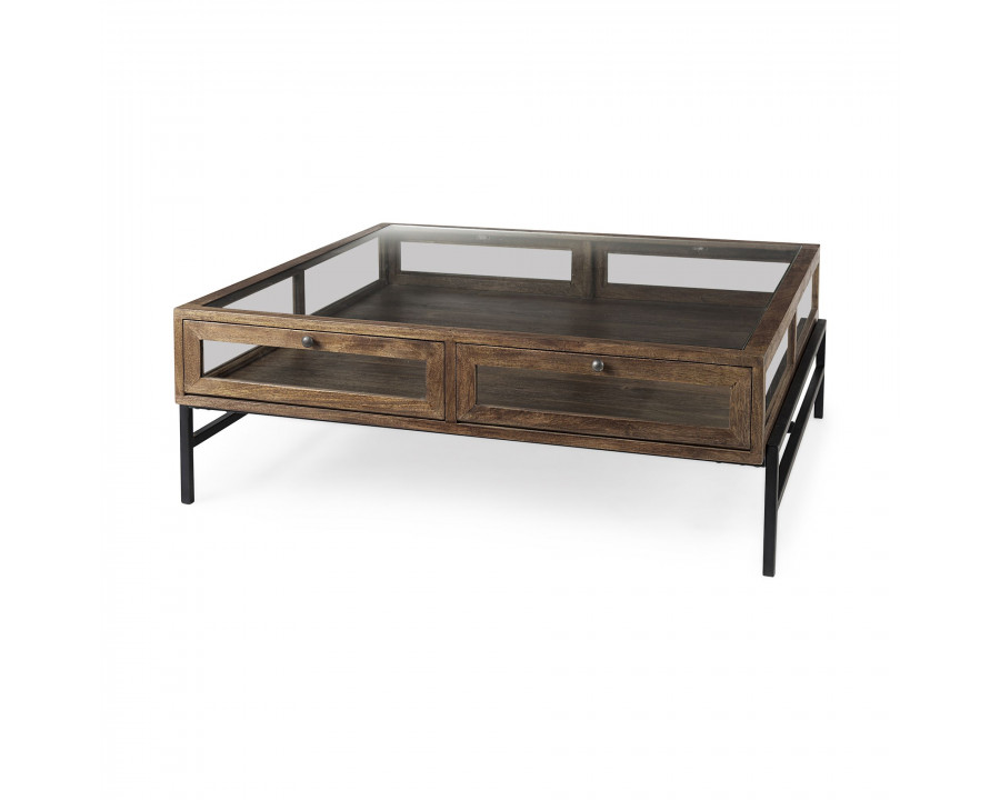 Mercana Arelius Square Coffee Table with Black Metal Base - Brown